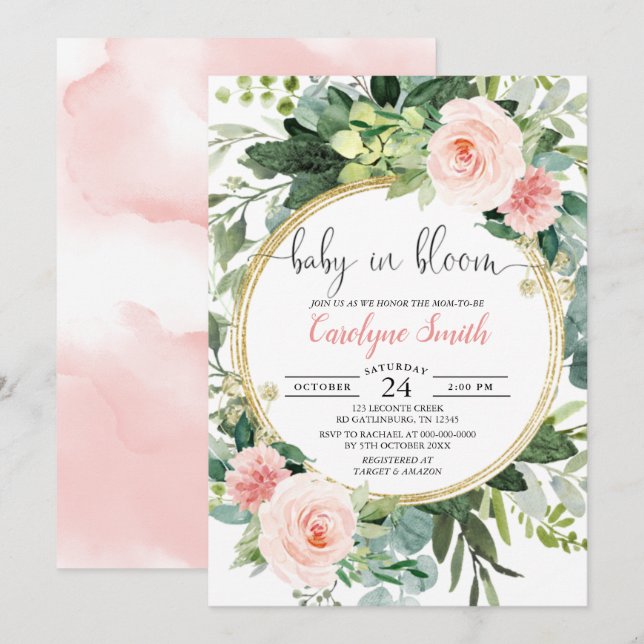 Baby In Bloom Pink Gold Greenery Baby Shower Invitation (Front/Back)