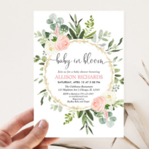 Baby in bloom pink gold greenery girl baby shower invitation