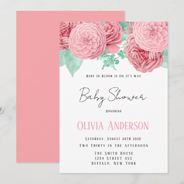 Baby in Bloom Pink Peony Baby Shower  Invitation (Front/Back)