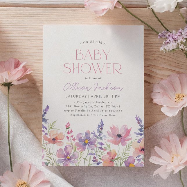 Baby in Bloom Pink Purple Wildflower Baby Shower Invitation (Creator Uploaded)