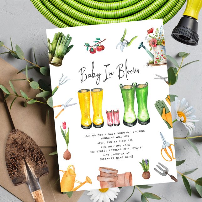 Baby In Bloom Pink Rain Boots Flower Gardening Invitation (Creator Uploaded)
