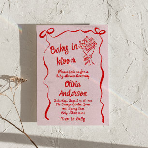 Baby in Bloom Pink Red Drawn Flower Bouquet Shower Invitation