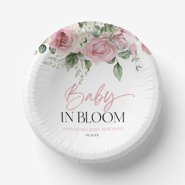 Baby In Bloom Pink Rose Floral Baby Shower Paper Plate (Front)