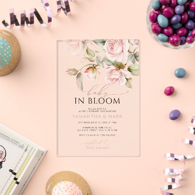 Baby in Bloom Pink Rose & Greenery Baby Shower  Acrylic Invitations (Insitu (Celebration))