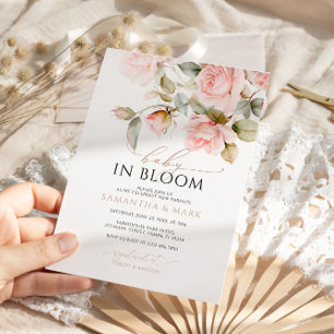Baby in Bloom Pink Rose & Greenery Baby Shower  Invitation