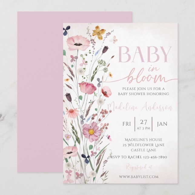 Baby in Bloom Pink Wildflower Baby Shower Invitation (Front/Back)