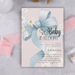 Baby in Bloom Preppy Bow Blue Daisy Baby Shower Invitation
