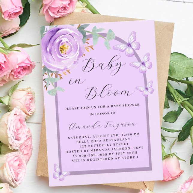 Baby in Bloom purple butterfly arch Baby Shower Invitation (Creator Uploaded)