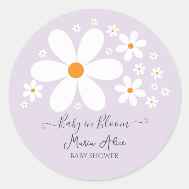 Baby in Bloom Purple Daisy Baby Shower  Classic Round Sticker (Front)