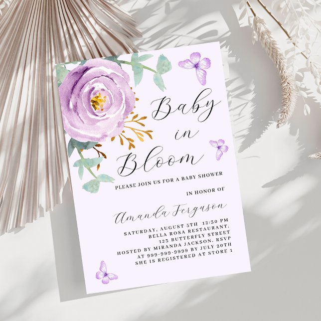 Baby in Bloom purple rose butterfly Baby Shower Invitation (Creator Uploaded)