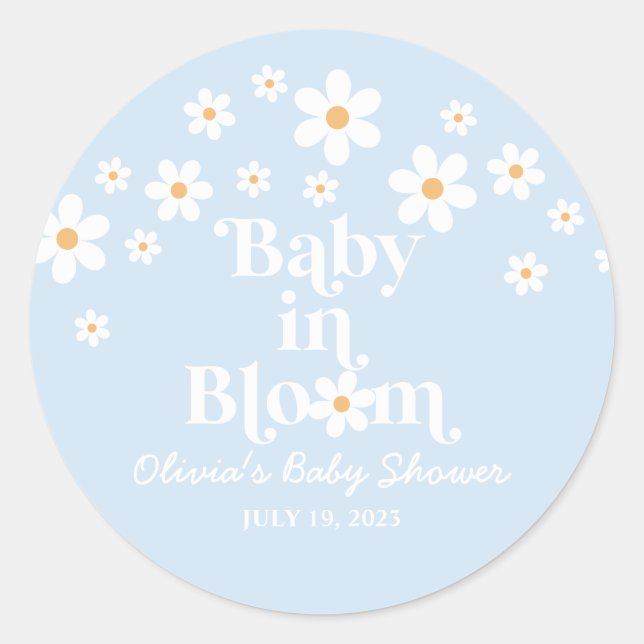 Baby in Bloom! Retro Daisy blue boho Baby Shower Classic Round Sticker (Front)