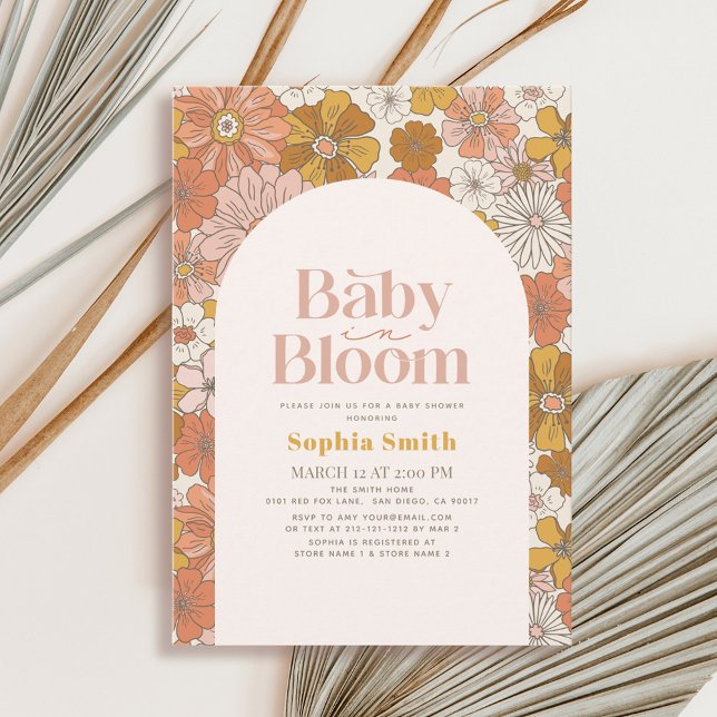 Baby in Bloom Retro Floral Arch Brown Baby Shower Invitation (Creator Uploaded)