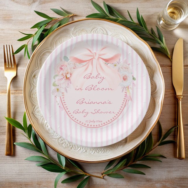Baby in bloom retro preppy bow baby shower paper plate (Baby in bloom preppy bow vintage pink stripes baby shower printed paper plates personalized decor)