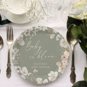 Baby In Bloom Sage Green Wildflower Baby Shower Paper Plate