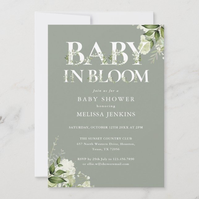 Baby In Bloom Sage Greenery All In One Baby Shower Invitation (Front)