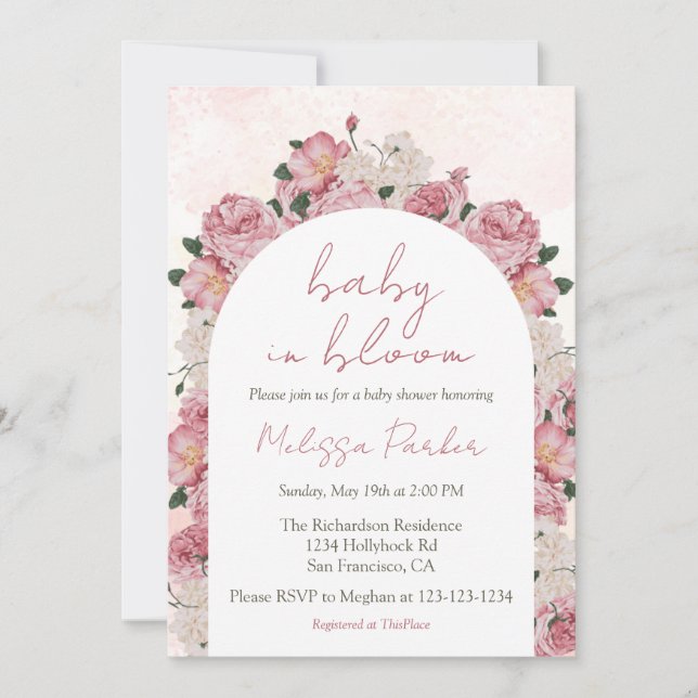 Baby in Bloom Script Pink Floral Baby Shower Invitation (Front)