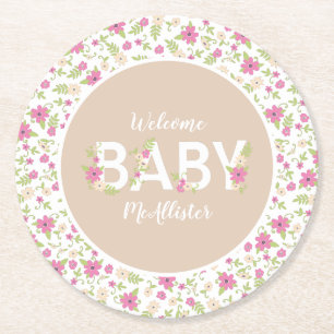 Baby in Bloom Shower Pink Vintage Flowers Girl Round Paper Coaster
