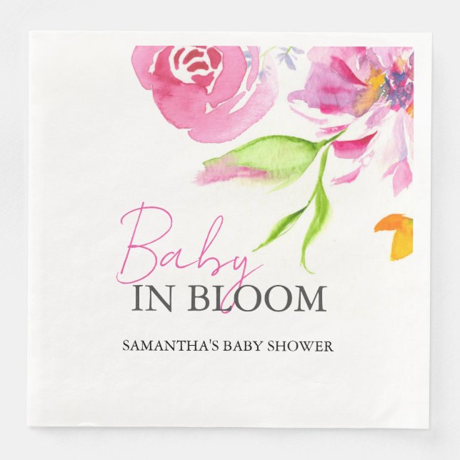 Baby In Bloom Shower Watercolor Flowers Napkin (Front)