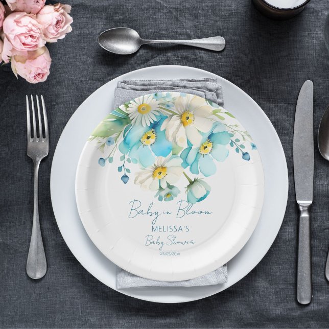 Baby in bloom spring summer baby shower tableware paper plate (Baby in bloom spring summer baby shower personalized tableware template paper plates blue daisy)