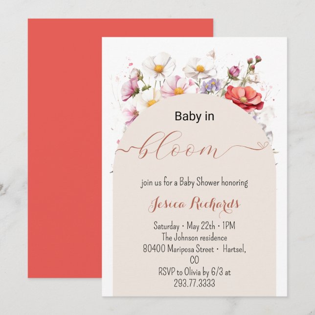 Baby in Bloom Spring Summer Floral Baby shower Invitation (Front/Back)