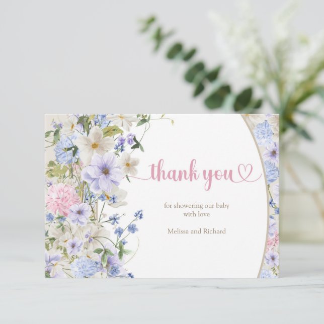 Baby in bloom spring Wildflowers Rustic thank you Enclosure Card (Standing Front)