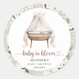 Baby In Bloom Trendy Boho Baby Shower Heart Script Classic Round Sticker