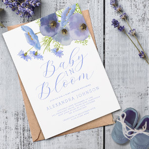 Baby In Bloom Watercolor Blue Floral Invitation