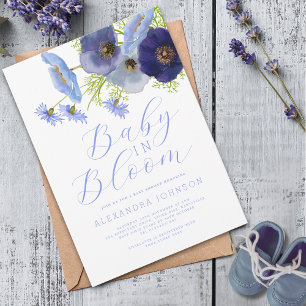 Baby In Bloom Watercolor Blue Floral Invitation