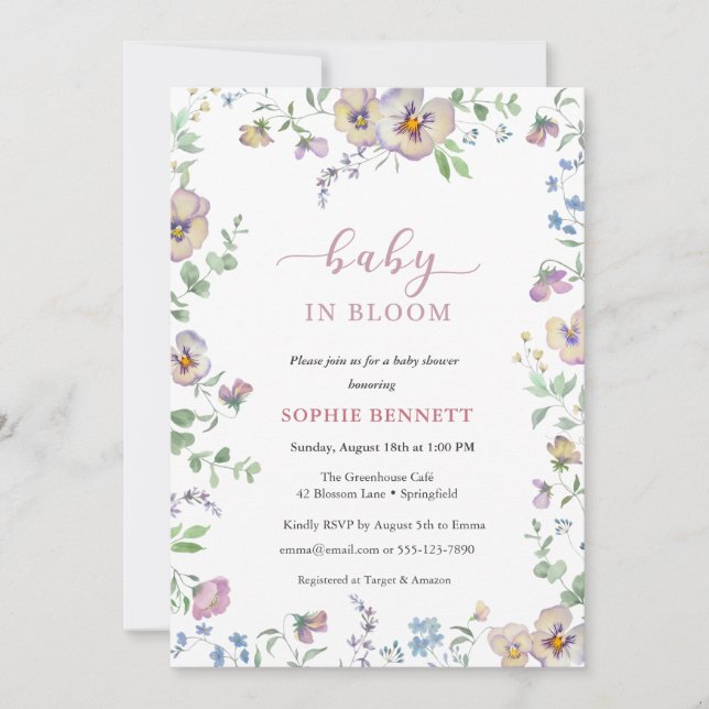 Baby in Bloom Watercolor  floral  Viola Invitation (Devant)