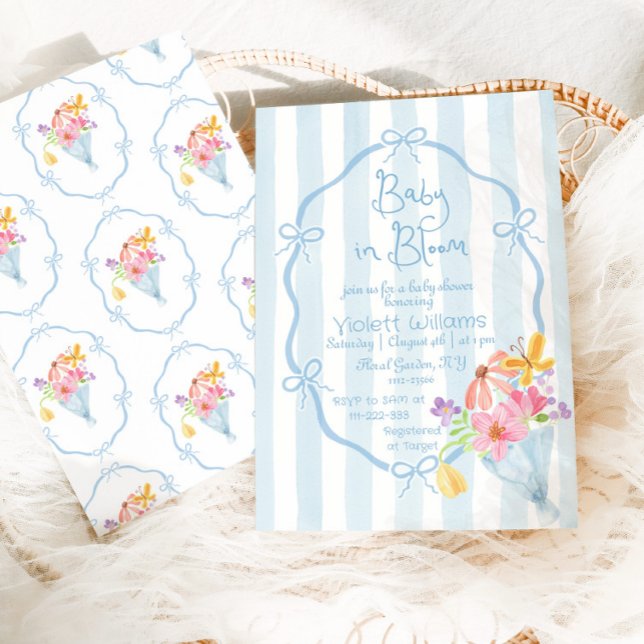 Baby in Bloom Whimsical Blue Bow Baby shower Invitation (Creator Uploaded)