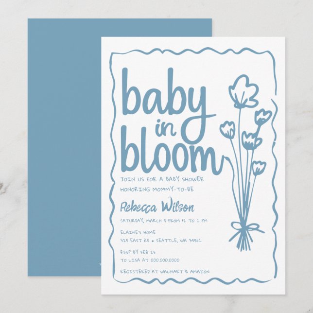 Baby in Bloom Whimsical Hand Drawn Boy Baby Shower Invitation (Front/Back)