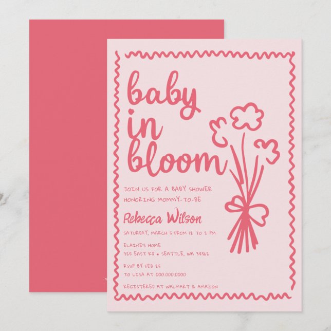 Baby in Bloom Whimsical HandDrawn Girl Baby Shower Invitation (Front/Back)