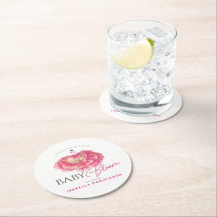 Baby in Bloom whimsy watercolor pink baby shower Round Paper Coaster