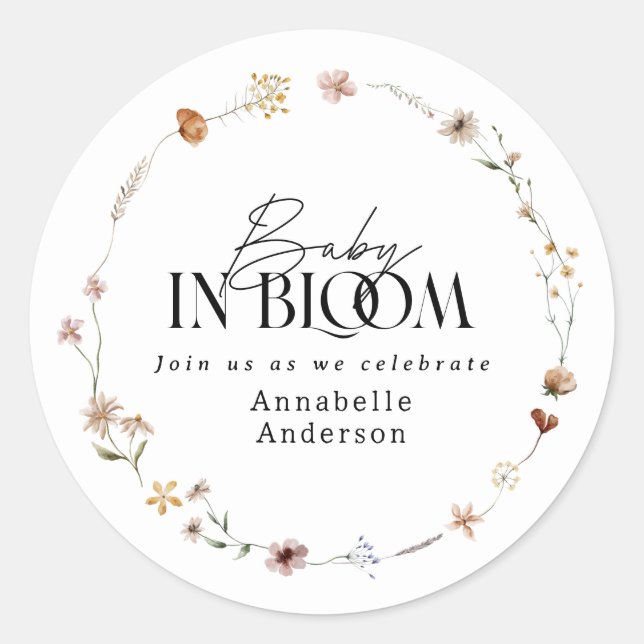 Baby in bloom wildflower baby shower invitation classic round sticker (Front)