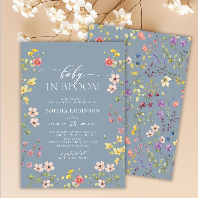 Baby in Bloom Wildflower Boho Blue Baby Shower  Invitation (Creator Uploaded)