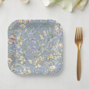 Baby in Bloom Wildflower Dusty Blue Baby Shower Paper Plate