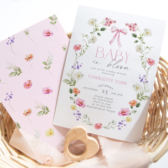 Baby in Bloom Wildflower pink Bow Baby Shower Invitation (Creator Uploaded)