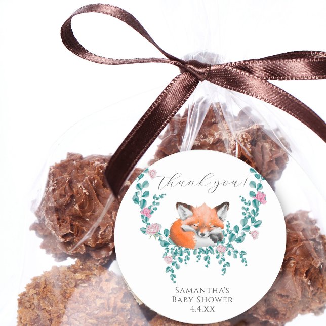 Baby in Bloom Woodland Fox Greenery Thank you Classic Round Sticker (Creator Uploaded)