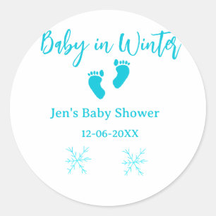 Baby in Winter baby shower blue baby feet snowflak Classic Round Sticker