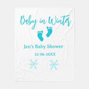 Baby in Winter baby shower blue baby feet snowflak Fleece Blanket