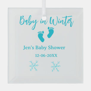 Baby in Winter baby shower blue baby feet snowflak Glass Ornament