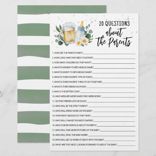 Baby Is Brewing 20 Questions About Parents game (Front/Back)