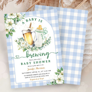 Baby is Brewing Beer Baby Shower Boy Blue Gingham Invitation