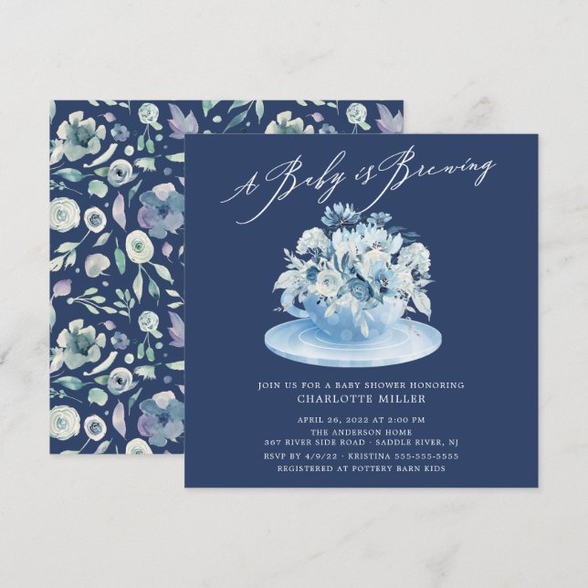 Baby is Brewing Blue Floral Baby Tea Invitation (Front/Back)