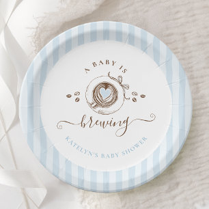 Baby Is Brewing Blue Striped Paper Plate