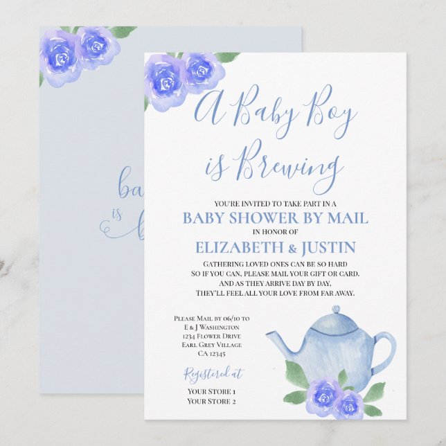 Baby is Brewing Blue Teapot Baby Shower by Mail Invitation (Front/Back)
