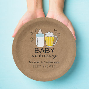 Baby Is Brewing Bottle Beer Glass Baby Shower Paper Plate