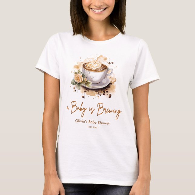 Baby is Brewing Brown Coffee Mom to Be Baby Shower T-Shirt (Front)