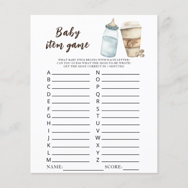 Baby is brewing coffee baby shower Baby Item Game (Front)