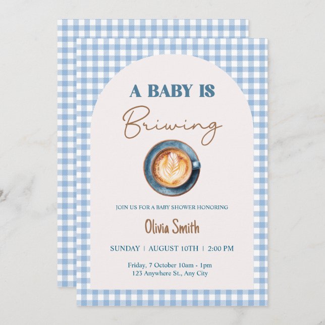 Baby is Brewing Coffee Baby Shower Blue Gingham  Invitation (Front/Back)
